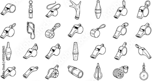Detailed Line Art Whistle Icons Collection: Diverse Styles of Sound-Making Devices for Sports, Signals, and Emergencies, Isolated on White