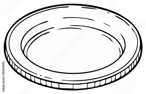 Simple line drawing of a round dish with a raised rim and textured edge
