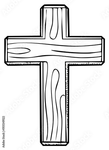 Simple wooden cross with wood grain texture and bold outline, sketch style