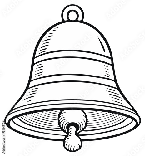 Classic Hand Bell Illustration with Clapper, Isolated, Simple Line Art Style