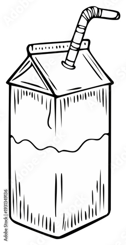Cartoon Style Juice Box with Straw Line Art Simple Drink Container Black and White Illustration