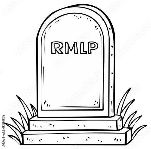 Tombstone Illustration with Grass Detail, Classic Cemetery Marker Drawing, Minimalist Mourning Symbol, Hand Drawn Style