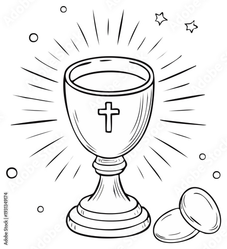 Religious Chalice with Cross Symbol and Glowing Rays