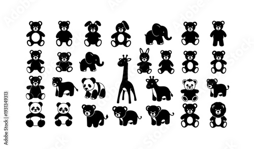 Teddy Bear and Plush Toy Animal Silhouette Mega Icon Collection for Kids Design Vector