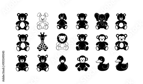 Toy and Teddy Animal Silhouette Icon Set Cute Kids Plush Vector Collection