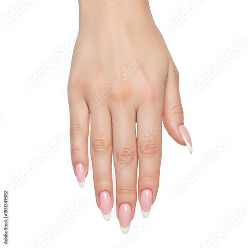 Close up of a hand with neatly manicured nails and clear polish