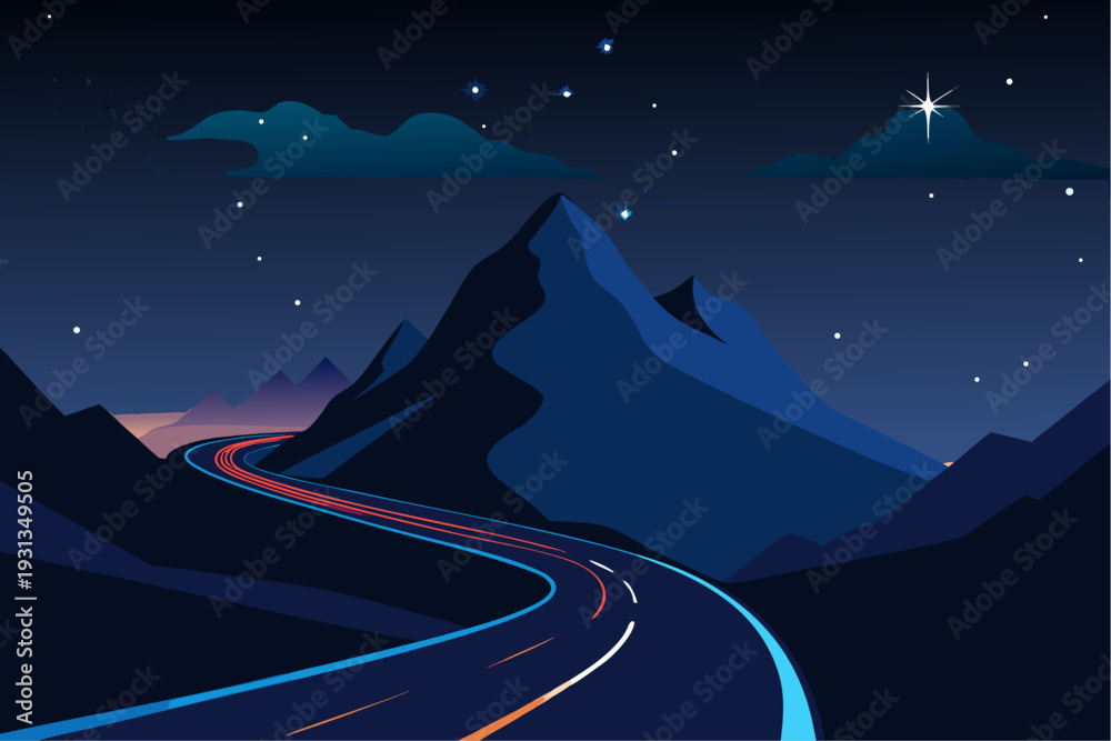 Fototapeta premium A winding road through mountains under a starry night sky
