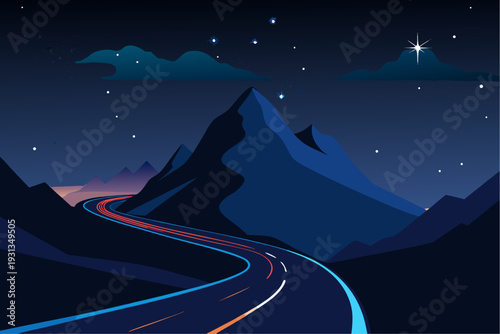 A winding road through mountains under a starry night sky