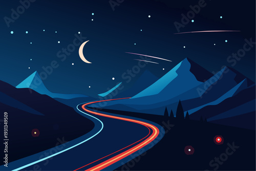 A serene nighttime mountain landscape with a winding road under a starry sky