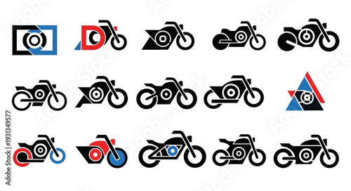 Collection of Motorcycle Icons and Logos in Various Styles.