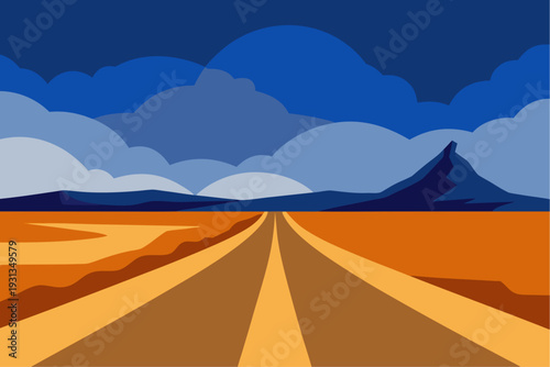A desert road with mountains and clouds in the background