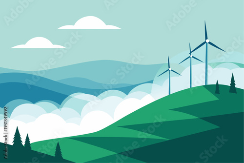 Wind turbines on a green hillside with clouds and mountains