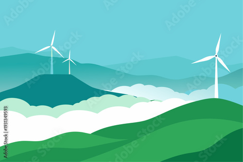 Wind turbines on rolling green hills with mountains