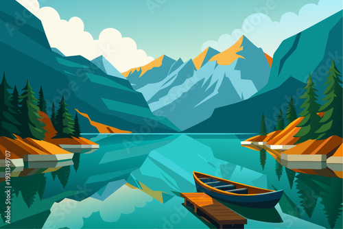 Serene mountain lake scene with canoe and dock