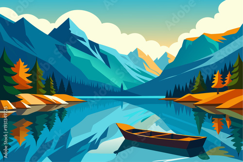 Serene mountain lake scene with a lone canoe