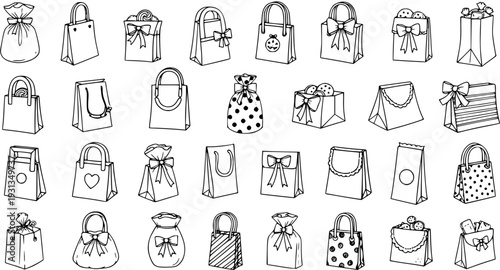 Hand-drawn doodle vector collection of gift bags, shopping bags, and presents. Black and white outline sketch set for retail, holidays, celebrations, and special occasions.