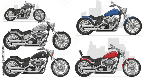 Collection of five custom motorcycles in different colors and styles.