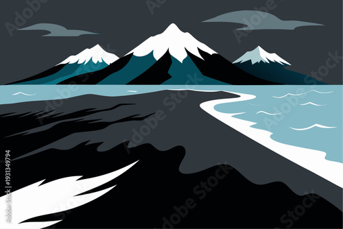 Snowy mountain landscape with ocean and cliff