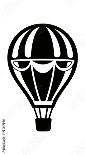 Silhouette Hot Air Balloon Ascending Skyward, Vintage Travel & Adventure Icon, Black and White Graphic Illustration for Leisure, Transportation, Tourism, Freedom, Escape, Flight, Relaxation, Celebrati