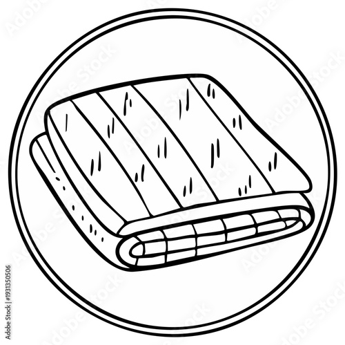 Folded striped towel icon illustration, isolated bathroom textile element in round outline, soft cloth drawing, household object