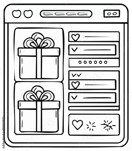 Hand drawn social media interface displaying gift boxes and interactive elements