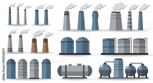 Collection of Industrial Factory Chimneys and Storage Tanks.