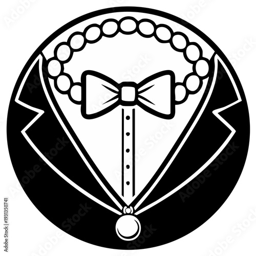 Black tuxedo graphic illustration with bow tie, beads necklace and medallion design element