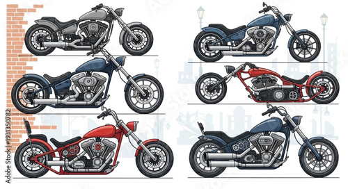 Collection of Custom Chopper Motorcycles Side View.