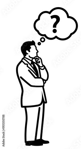 Pondering Man in Suit: Contemplative Businessman Considering Options, Cloud Thought Bubble Graphic Illustration, Doubting, Finding Solution, Business Strategy Icon, Thinking Process, Black and White,