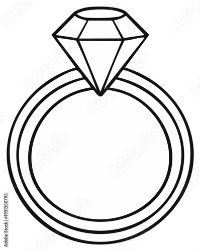 Outline of a diamond ring, jewel for engagement, proposal, or wedding, vector art.