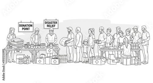 People lining up at a donation point with items on tables.