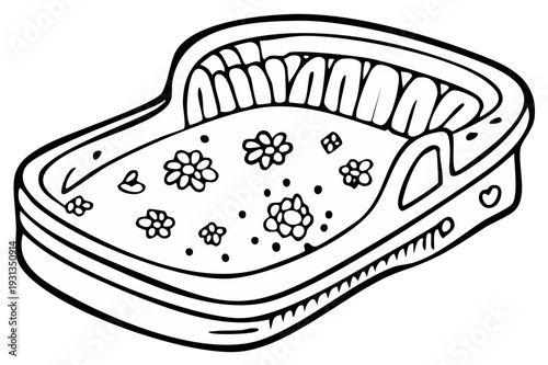 Outlined illustration of a baby bassinet with floral design, black and white