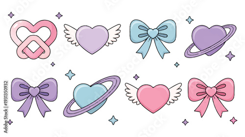 Pastel Aesthetic Heart and Bow Icons Featuring Celestial Elements and Romantic Symbols for Design Projects