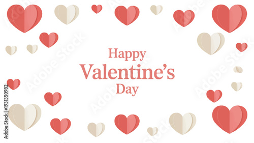 Happy Valentine's Day greeting card with a border of floating hearts in red and cream colors, perfect for romantic celebrations