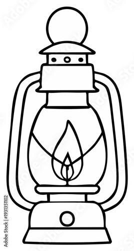 Classic kerosene lantern with a lit flame, hand-drawn outline illustration