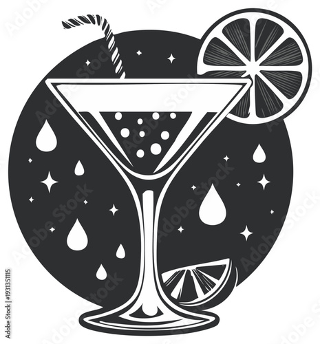 Elegant Cocktail Glass with Citrus and Swirl Straw Against Dark Backdrop