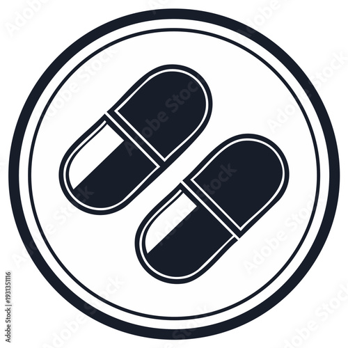 Two dark blue capsules in a white circular frame, medical healthcare symbol