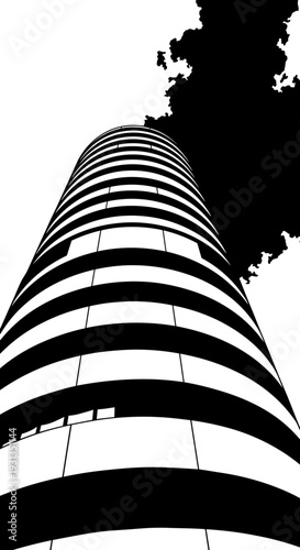 Striking Urban Architecture Glimpse: Worm's Eye View of Cylindrical Tower Reaching into Abstract Sky, Modern Building with Banded Facade, Minimalist Design for Architectural Projects, High-Rise in Bla