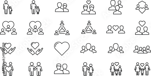 Family and social relationship line icon set with parents, children, love and community symbols