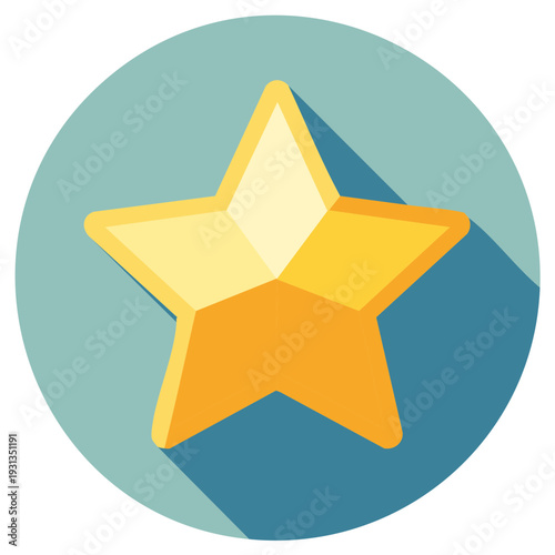 Shiny Golden Star Icon on Blue Round Background Flat Design Illustration