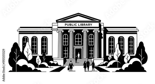 Public Library Building with Columns and Trees.