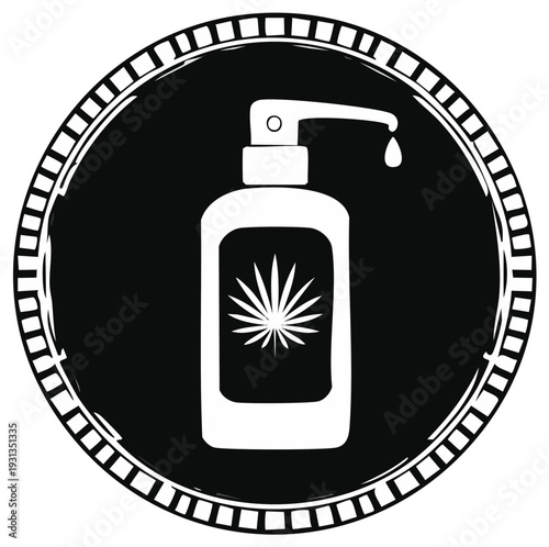 Cannabis topical lotion bottle illustration in a circular frame.