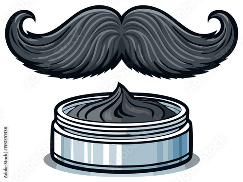 Cartoon Mustache over Container of Dark Grooming Cream Pomade for Men's Facial Hair
