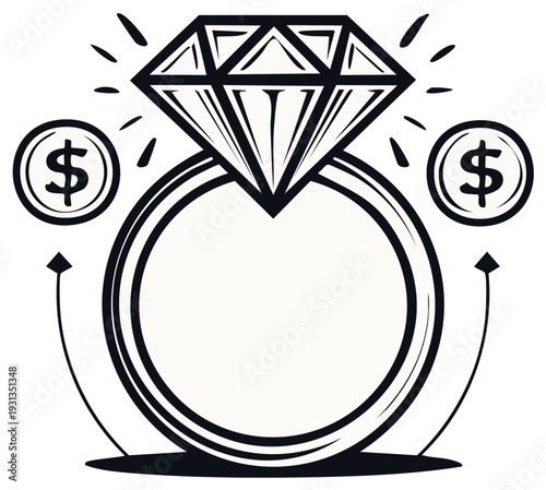 Diamond ring with dollar signs, finance, wealth, investment, vector illustration