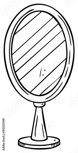 Standing oval mirror isolated on white illustration rendering. Hand-drawn vanity object black outline rendering for design element.