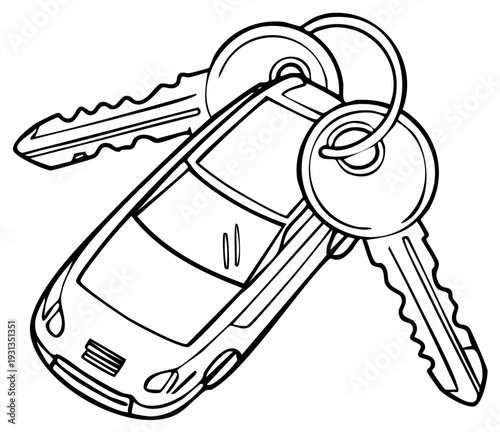 Two keys attached to a car fob with a simple line drawing illustration style