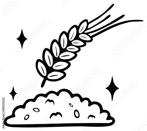 Stylized illustration of a wheat stalk above a pile of grains or flour.