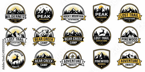 Vintage Outdoor Adventure Mountain Badges and Wilderness Camping Logos Set with Bear Deer and Peak Emblems Retro Hiking Trail and Forest Expedition Labels Vector Collection