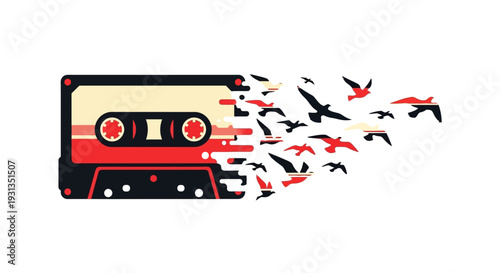 A vintage cassette tape with birds flying out of it, symbolizing freedom and music, in a creative illustration style from a straightforward viewpoint