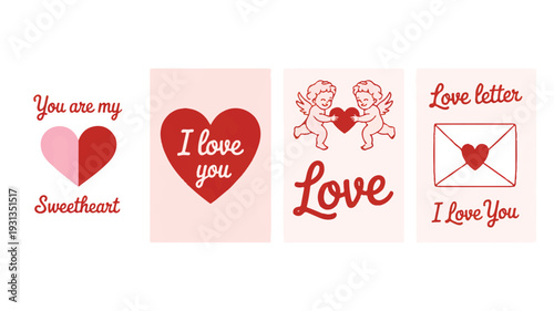 Collection of four cute Valentine's Day illustrations featuring hearts, cupids, and love letters, perfect for romantic greetings and decorations